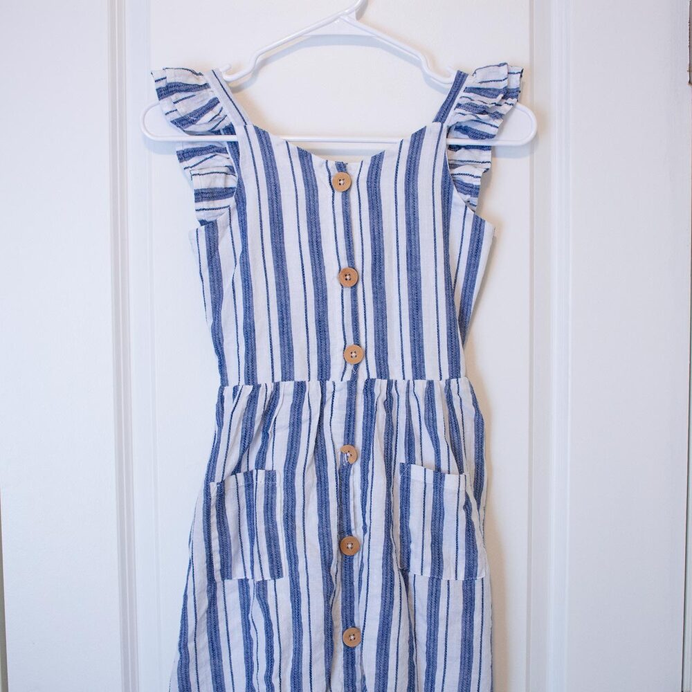 VTG XS Rare Editions Blue White Coastal Beachy Stripe Dress Wooden Button
